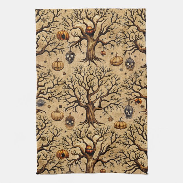 Paño De Cocina Patrón de arboles embrujados y linternas de calaba (Vertical)