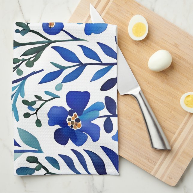 Paño De Cocina Patrón de arte acuarela de las flores azules (Doblado Cuarto)