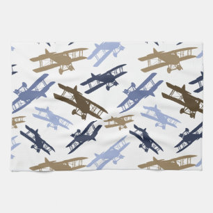 Paño De Cocina Patrón de avión biplano vintage Marrón azul