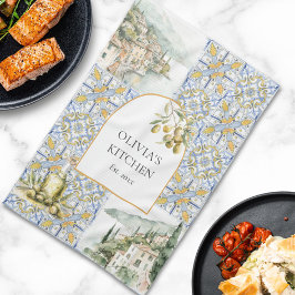 Paño De Cocina Patrón de azulejos mediterráneos de oliva amarillo