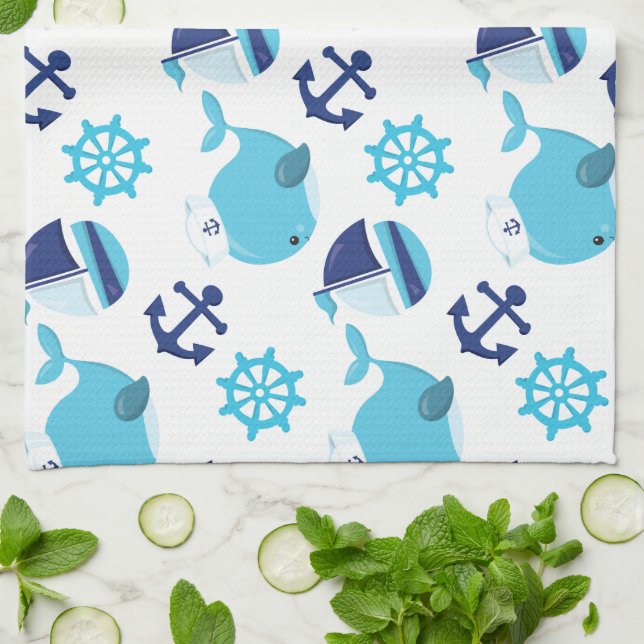 Paño De Cocina Patrón de ballenas, ballenas ricas, ballenas azule (Doblado)