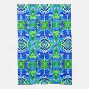Paño De Cocina Patrón de batik de mariposa y medallón en azul