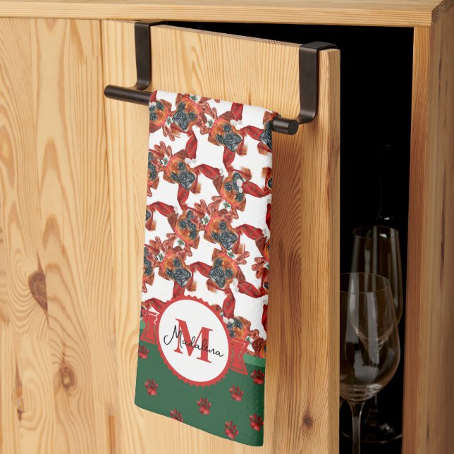 Paño De Cocina Patrón de Boxer Monograma Navidad Perro (Pliegue de tercios)