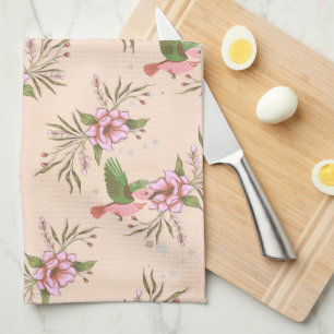 Paño De Cocina Patrón de brote rosado primaveral con aves
