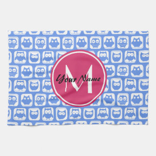 Paño De Cocina Patrón de búho azul Personalizado rosado Monograma