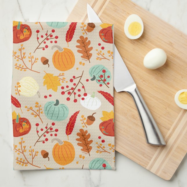 Paño De Cocina Patrón de calabazas y hojas de otoño (Doblado Cuarto)