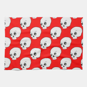 Paño De Cocina Patrón de calavera sobre fondo rojo