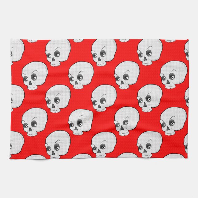Paño De Cocina Patrón de calavera sobre fondo rojo (Horizontal)