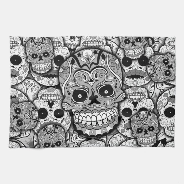 Paño De Cocina Patrón de calaveras azucareras (Horizontal)