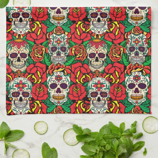 Paño De Cocina Patrón de calaveras florales (Doblado)