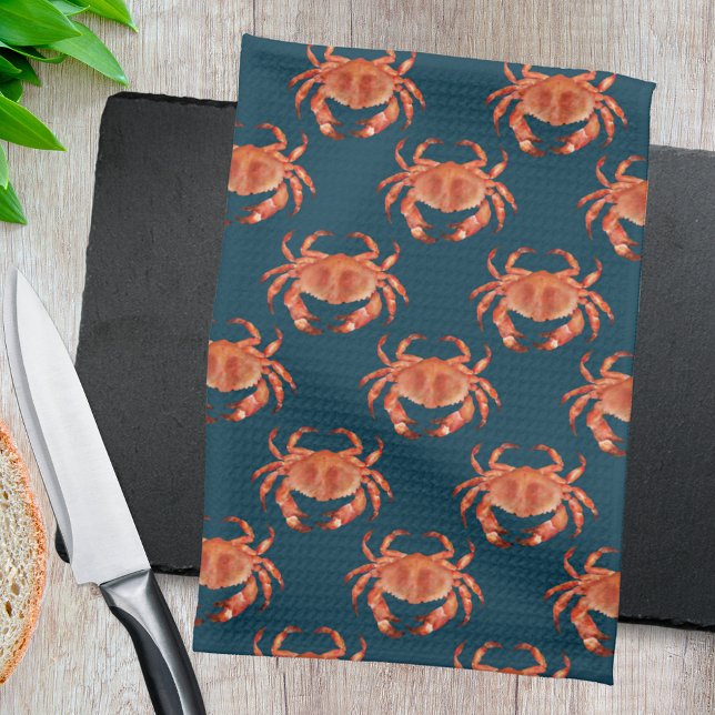 Paño De Cocina Patrón de cangrejos a orillas del mar (Brown crab on navy crustacean kitchen towel)