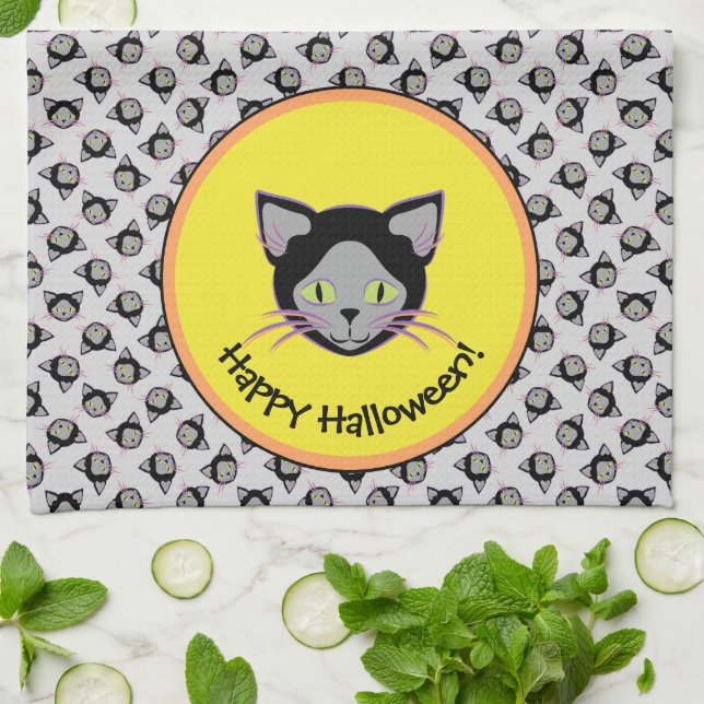 Paño De Cocina Patrón de cara de gato negro de Halloween (Doblado)
