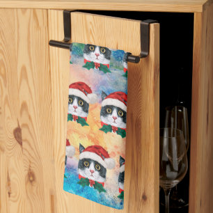 Paño De Cocina Patrón de caras de gato de Navidad en blanco y neg