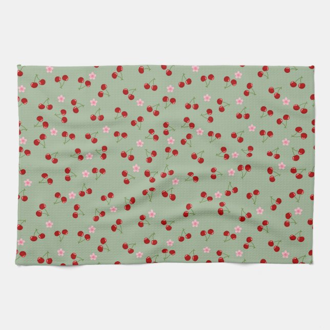 Paño De Cocina Patrón de cerezas en fondo verde (Horizontal)