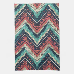 Paño De Cocina Patrón de Chevron Boho   Verde azulado, Coral y Cr