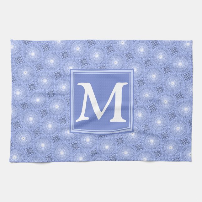 Paño De Cocina Patrón de círculos azules de monograma (Horizontal)