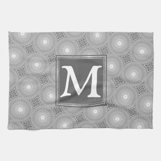 Paño De Cocina Patrón de círculos grises de monograma (Horizontal)