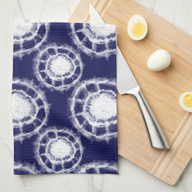 Paño De Cocina Patrón de círculos shibori azules y blancos (Doblado Cuarto)