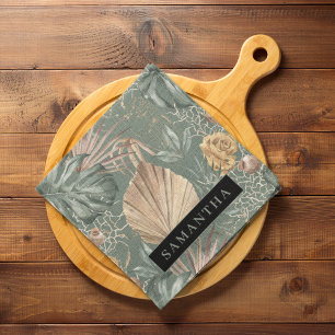 Paño De Cocina Patrón de color de agua tropical dorado y hojas ve