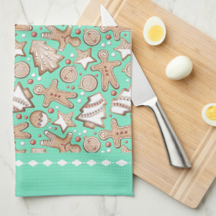 Paño De Cocina Patrón de cookies de vacaciones en Verde azulado