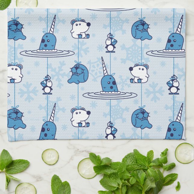 Paño De Cocina Patrón de copos de nieve azul de Narwhal (Doblado)