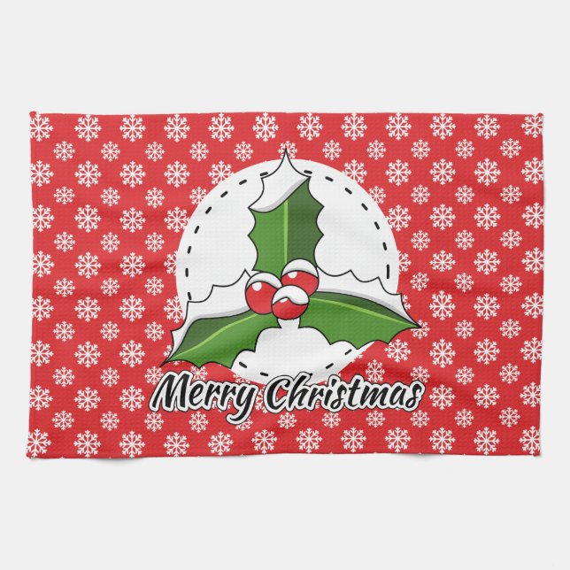 Paño De Cocina Patrón de copos de nieve blancos rojos - Feliz Nav (Horizontal)