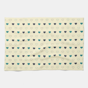 Paño De Cocina Patrón de Corazón Azul y Verde Agua en Fondo Crema