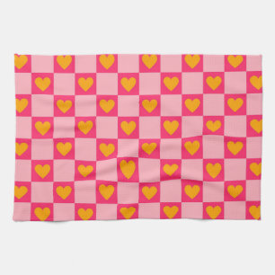 Paño De Cocina Patrón de corazones a cuadros rosa rojo amarillo a