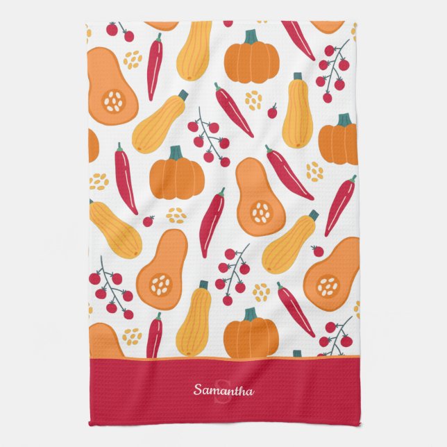 Paño De Cocina Patrón de cosecha de vegetales con nombre Naranja  (Vertical)