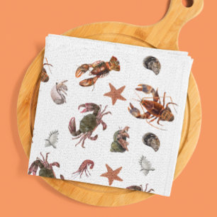 Paño De Cocina Patrón de Crustáceos Mariscos Langosta Cangrejo