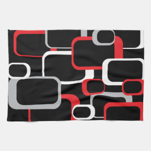 Paño De Cocina Patrón de cuadrados retro negro gris rojo