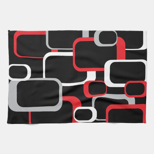 Paño De Cocina Patrón de cuadrados retro negro gris rojo (Horizontal)