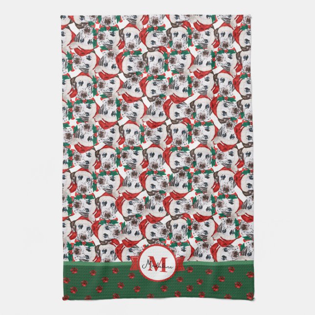 Paño De Cocina Patrón de dálmata Monograma Perro de Navidad (Vertical)