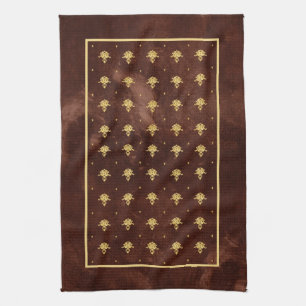 Paño De Cocina Patrón de Damasco dorado y marrón de cuero de époc