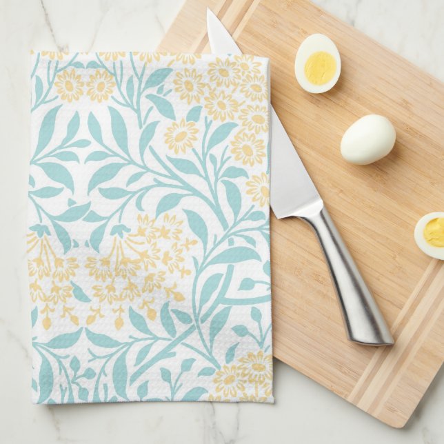 Paño De Cocina Patrón de Damasco floral de Aqua amarillo (Doblado Cuarto)