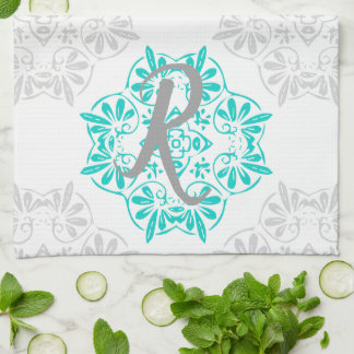 Paño De Cocina Patrón de Damasco Gris Turquesa Moderno Kaleidosco