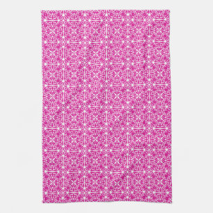 Paño De Cocina Patrón de Damasco medieval, magenta y blanco