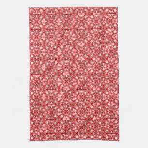 Paño De Cocina patrón de Damasco medieval, rojo y blanco