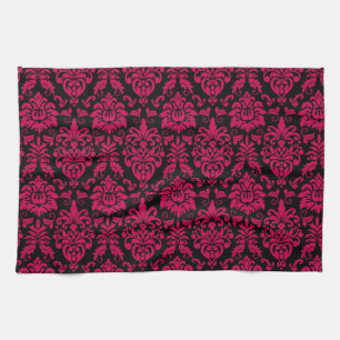Paño De Cocina Patrón de Damasco negro rosa caliente