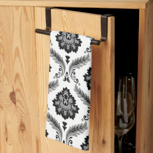 Paño De Cocina Patrón de damasco rococó gris negro blanco