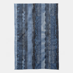 Paño De Cocina Patrón de Denim con Encaje Índigo Elegante en Raya