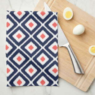 Paño De Cocina Patrón de diamante azul, coral, ikat blanco