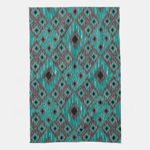 Paño De Cocina Patrón de diamante Ikat - Negro Verde azulado