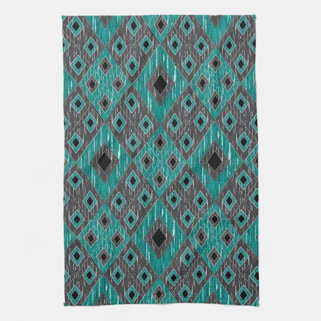 Paño De Cocina Patrón de diamante Ikat - Negro Verde azulado (Vertical)