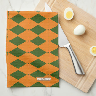 Paño De Cocina Patrón de diamante verde y naranja personalizado
