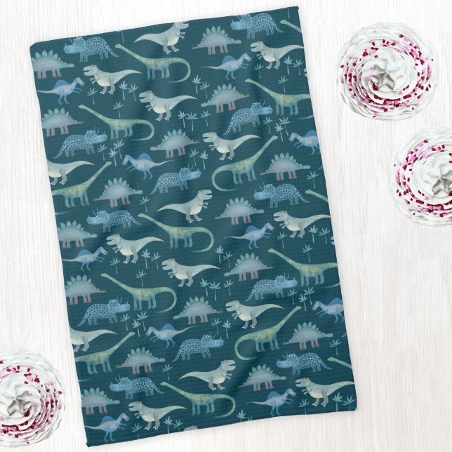 Paño De Cocina Patrón de dinosaurio blanco verde oscuro (Dinosaur pattern teal green art kitchen tea towel)
