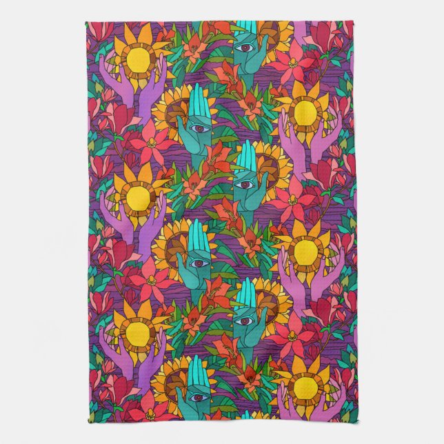 Paño De Cocina Patrón de diversión con flores y manos (Vertical)