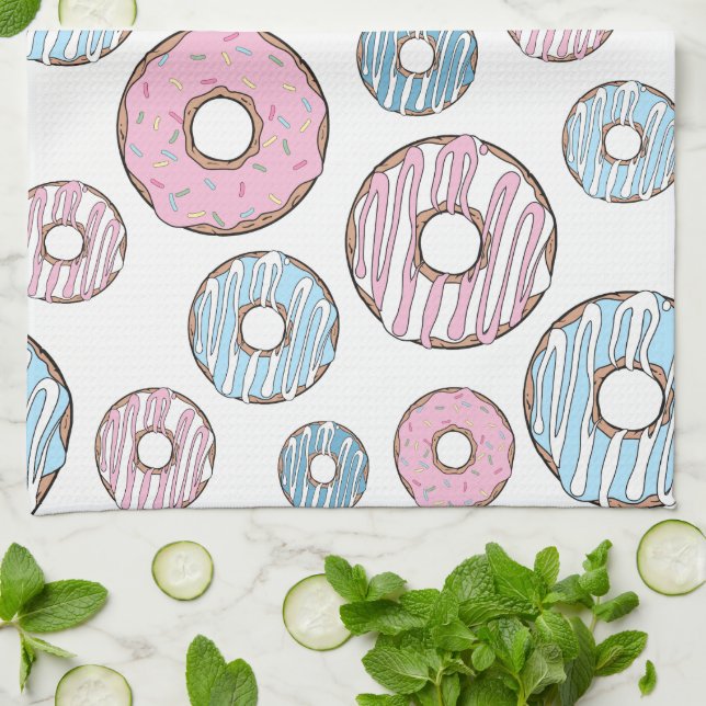 Paño De Cocina Patrón De Donuts, Donuts Rosados, Donuts Azules (Doblado)
