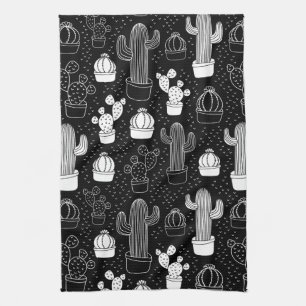 Paño De Cocina Patrón de doodle de cactus en blanco y negro