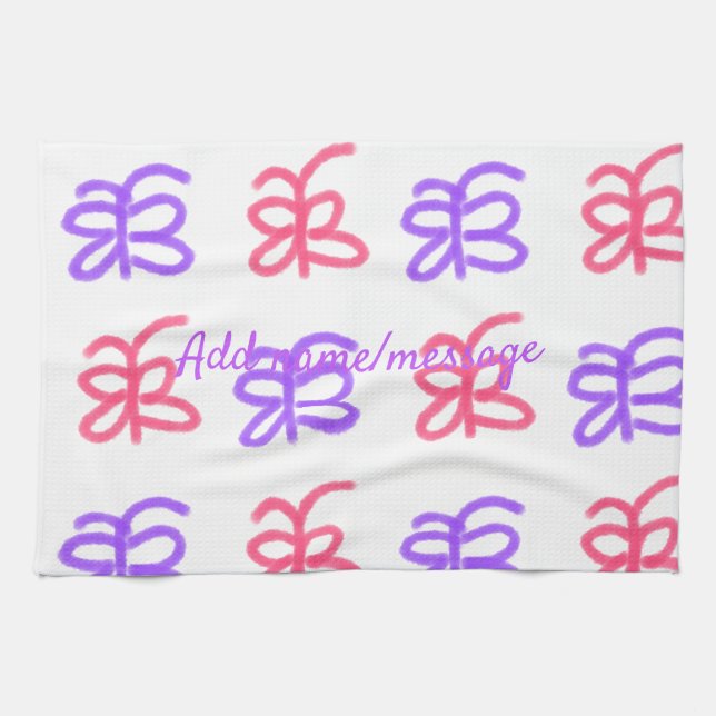 Paño De Cocina Patrón de doodle de mariposa rosa morado agregar t (Horizontal)